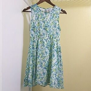 DKNY Kids XL Blue Green Floral Sleeveless Chiffon Dress Elastic Waist White